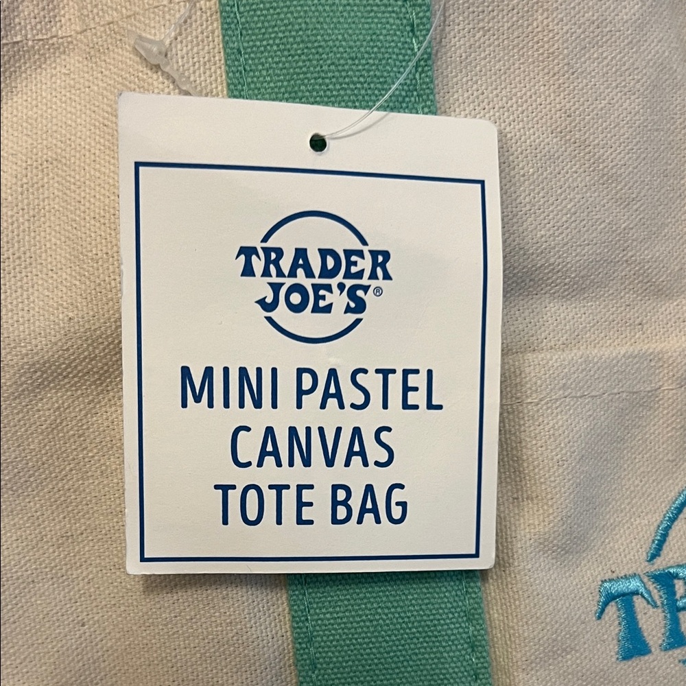NWT Trader Joe's Pastel Green and Cream Mini Canvas Tote Bag - Picture 3 of 4